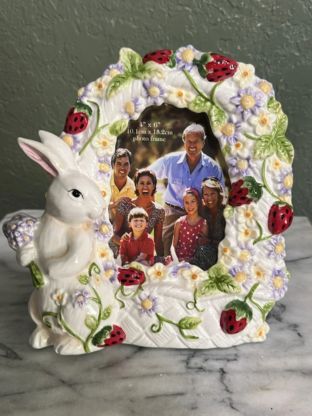 Whimsical Bunny Ceramic Photo Frame with Red Strawberry Accents - White